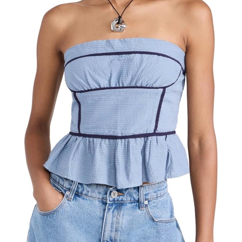 Free People Tara Tube Strapless Light Blue Peplum Top with Contrast Piping Small